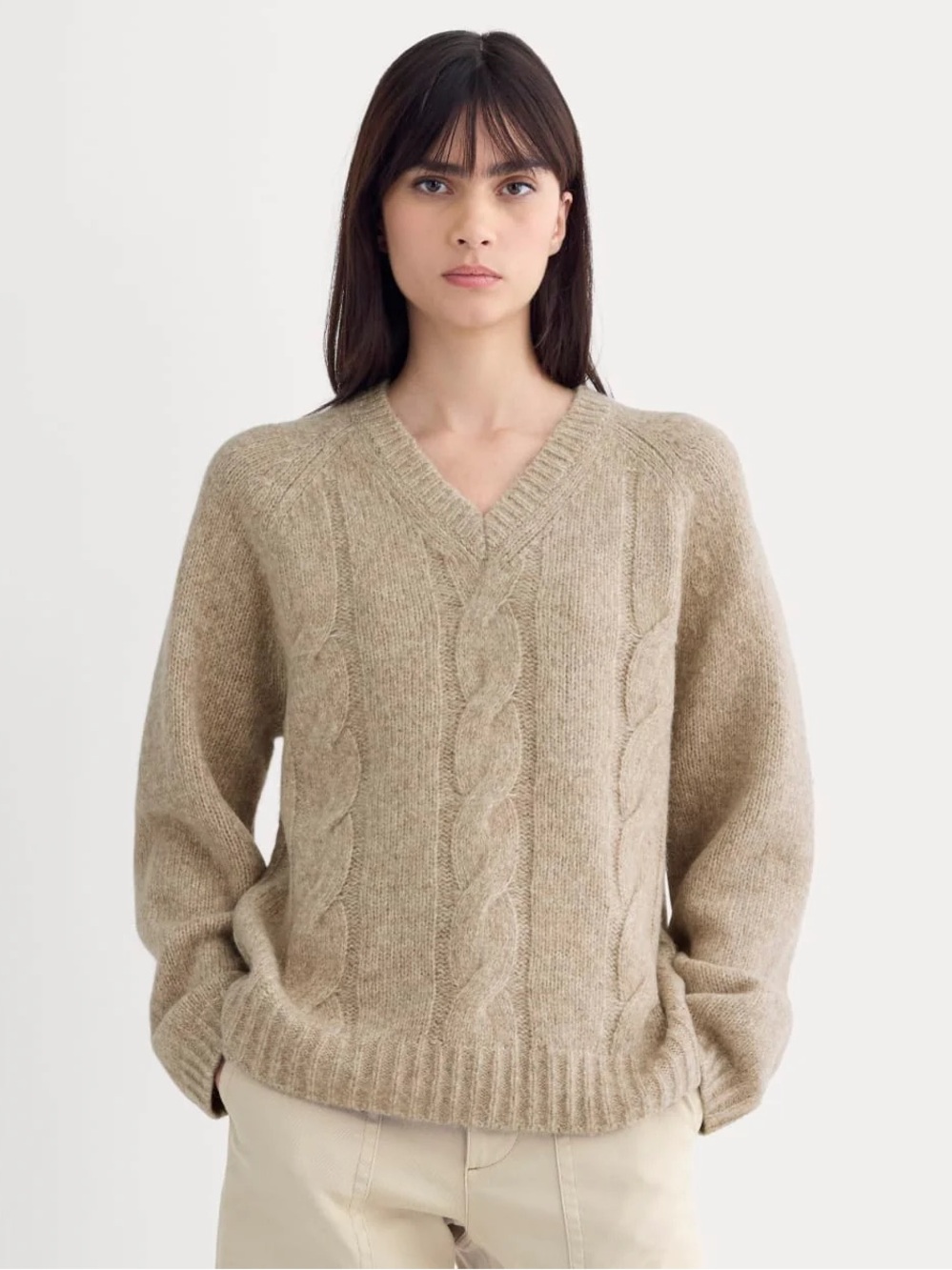 Everlane Cloud Cable V-Neck Sweater Heathered Oatmeal Size M NWOT Merino Alpaca